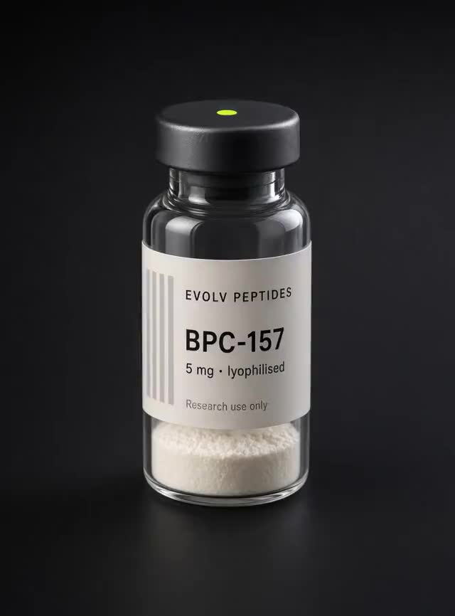 Sealed lyophilised research vial of EVOLV BPC-157 5 mg photographed on a dark studio ground