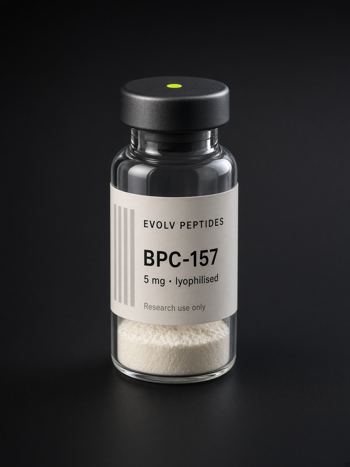 Sealed lyophilised research vial of EVOLV BPC-157 5 mg on a dark studio ground