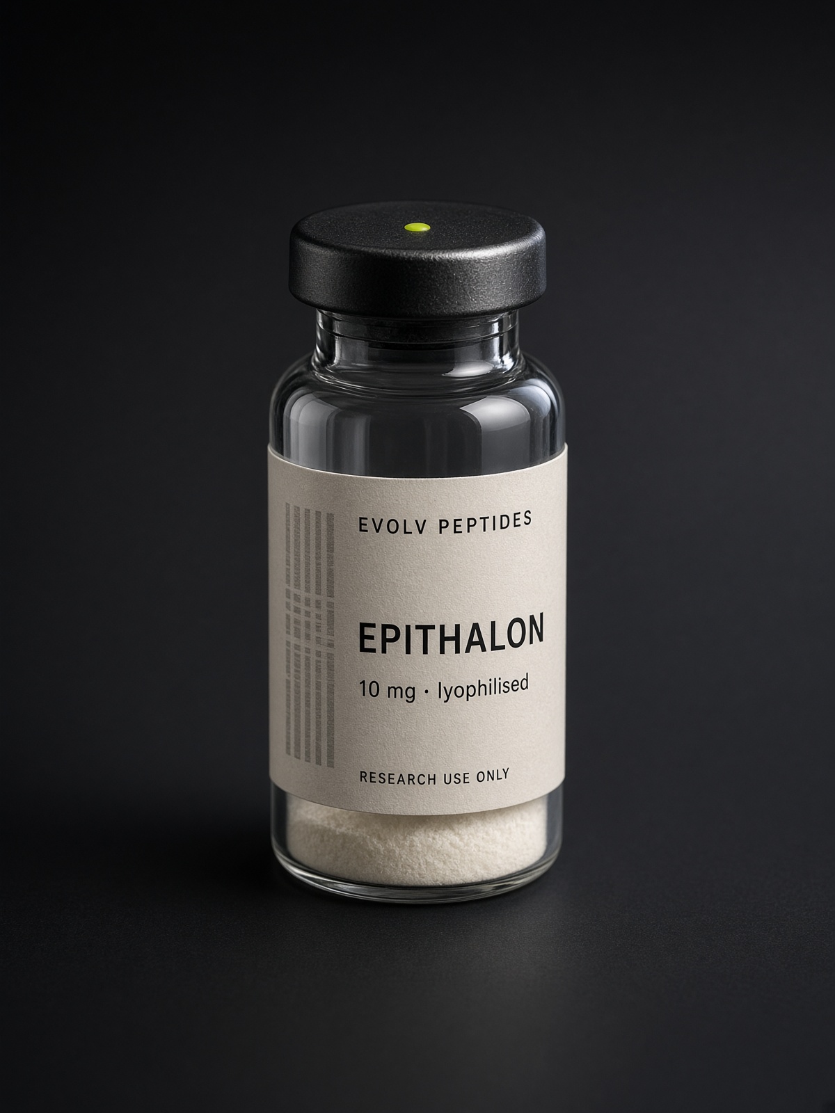 Sealed lyophilised research vial of EVOLV Epithalon 10 mg on a dark studio ground