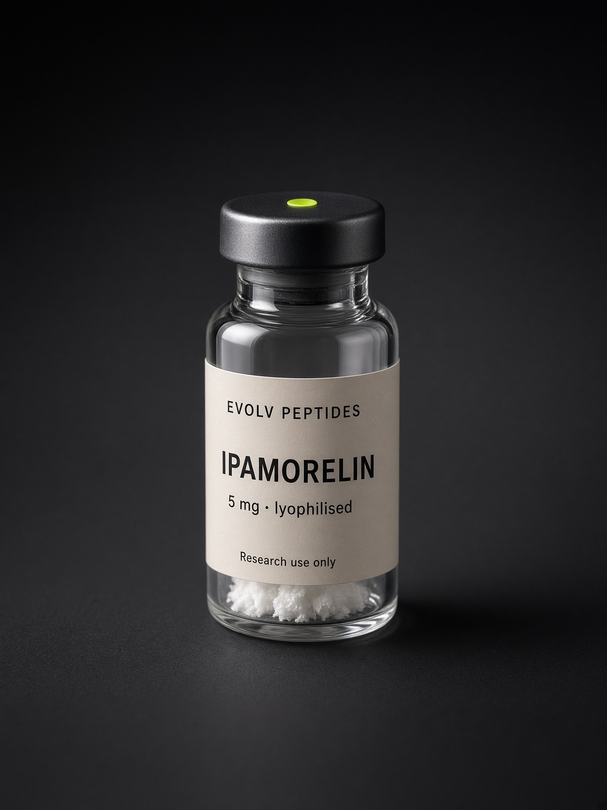 Sealed lyophilised research vial of EVOLV Ipamorelin 5 mg on a dark studio ground