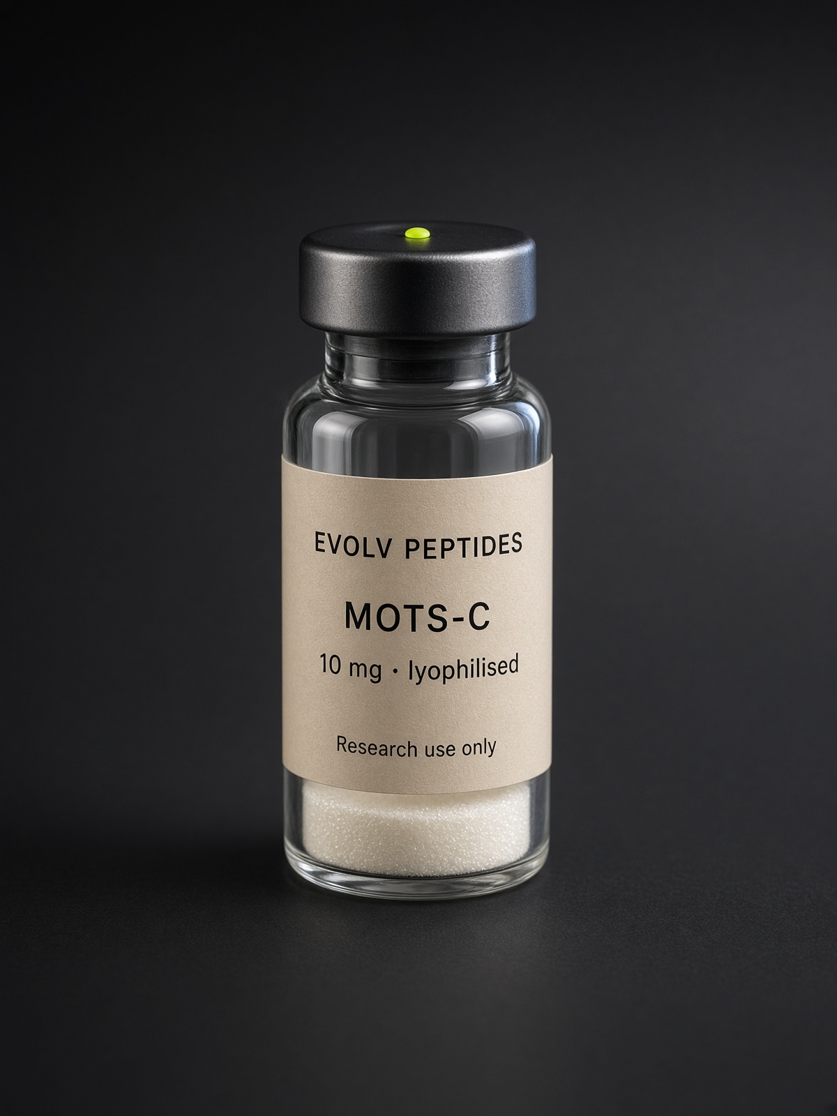 Sealed lyophilised research vial of EVOLV MOTS-C 10 mg on a dark studio ground