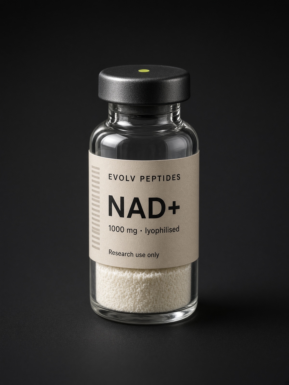 Sealed lyophilised research vial of EVOLV NAD+ 1000 mg on a dark studio ground