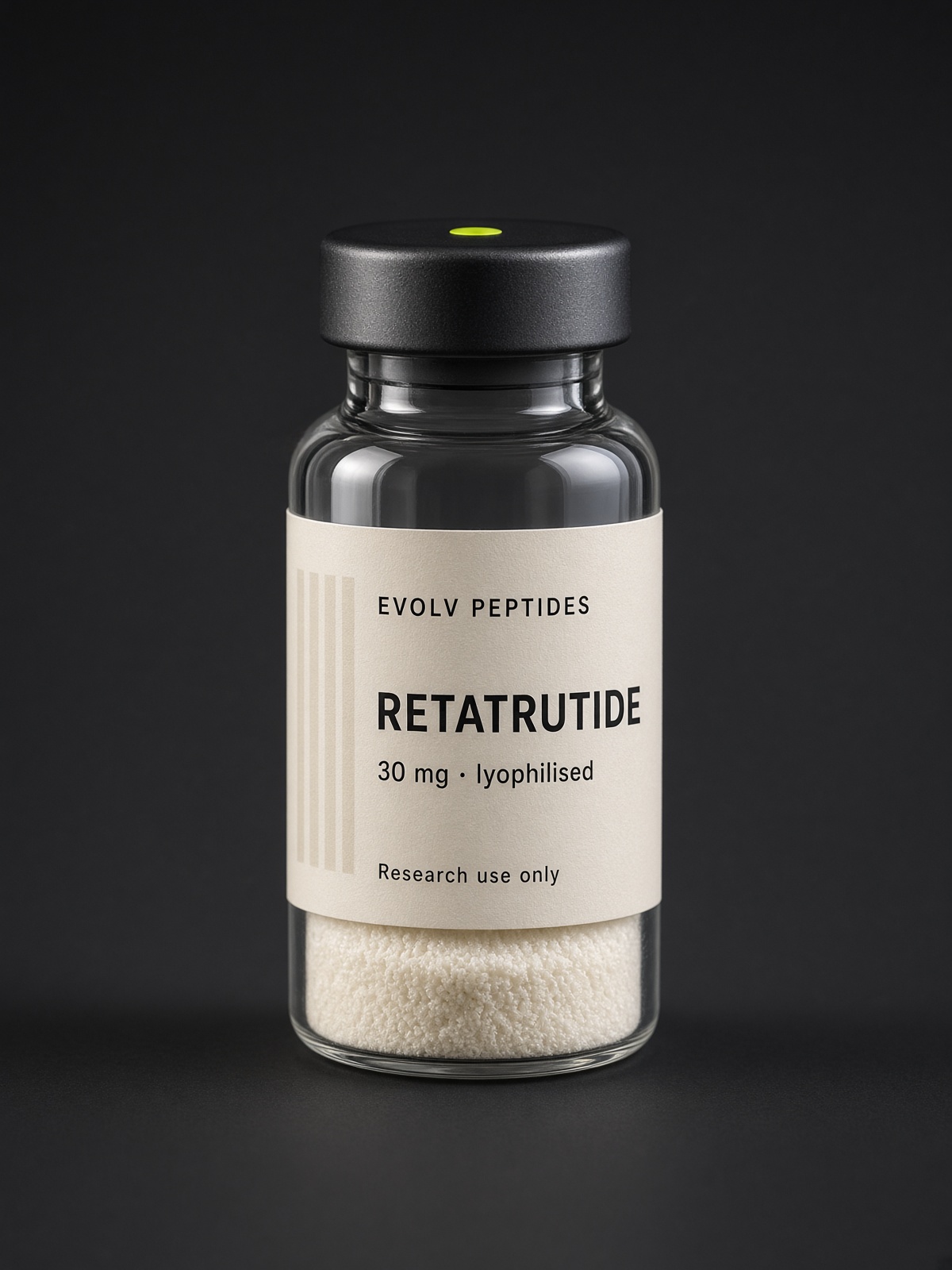 Sealed lyophilised research vial of EVOLV Retatrutide 30 mg on a dark studio ground