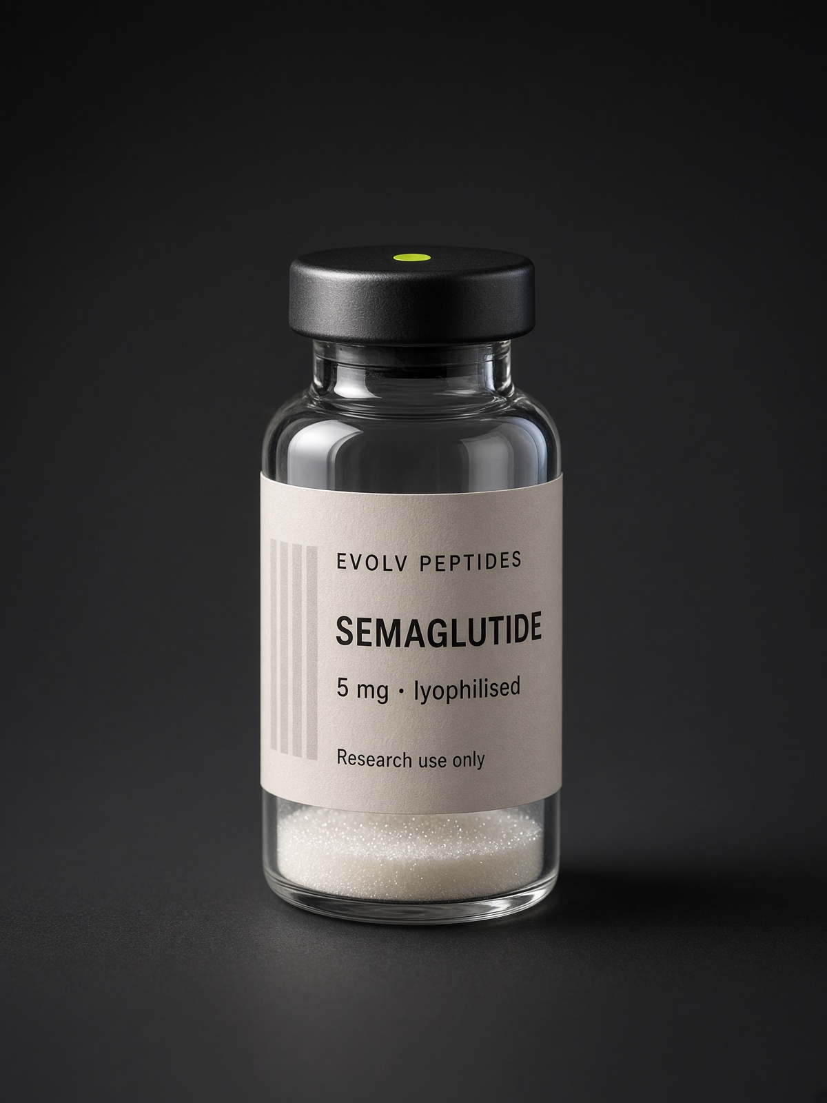 Sealed lyophilised research vial of EVOLV Semaglutide 5 mg on a dark studio ground