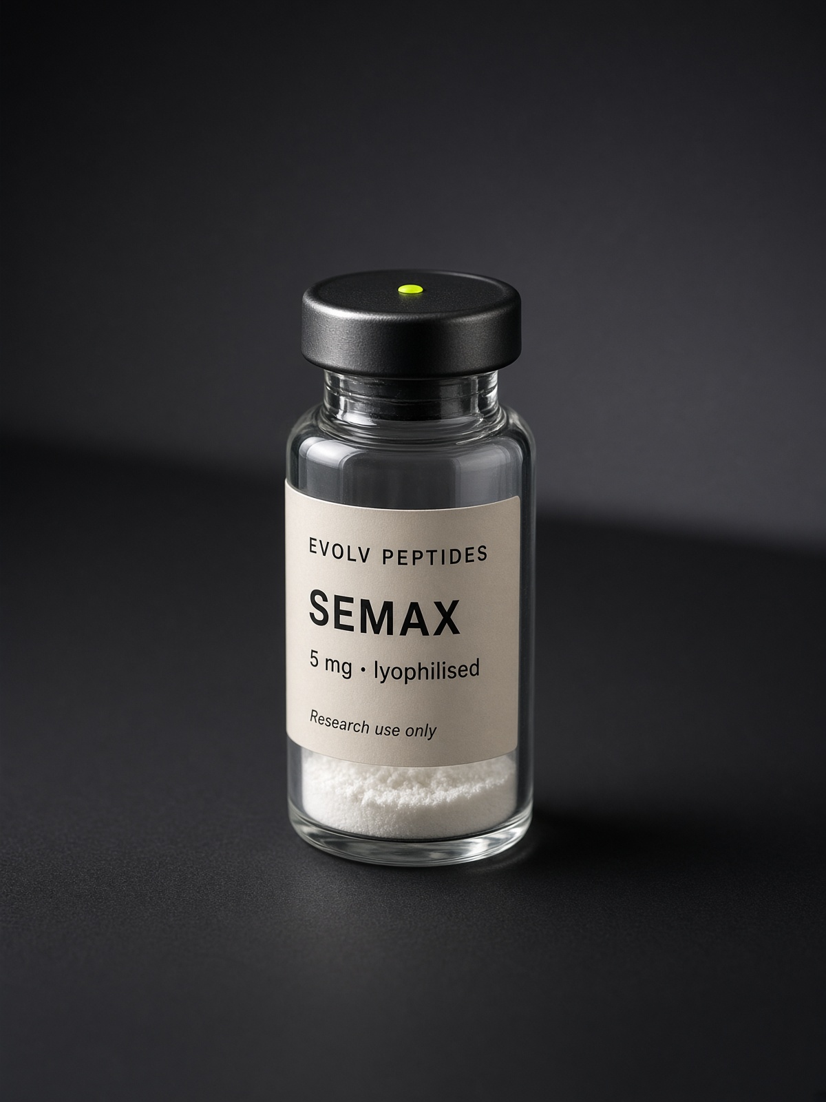 Sealed lyophilised research vial of EVOLV Semax 5 mg on a dark studio ground