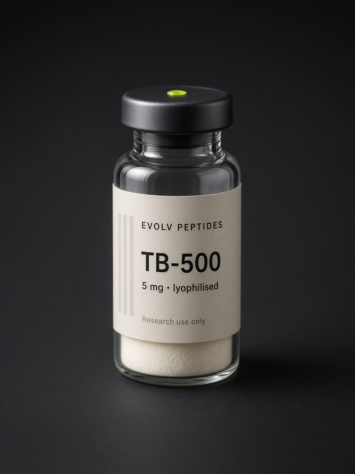 Sealed lyophilised research vial of EVOLV TB-500 5 mg on a dark studio ground