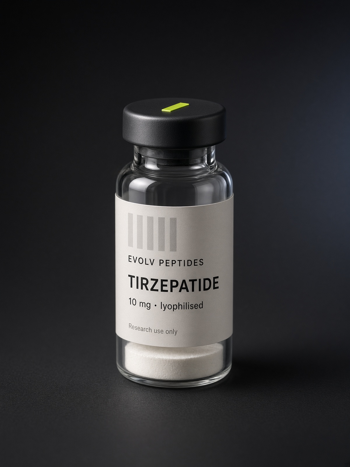 Sealed lyophilised research vial of EVOLV Tirzepatide 10 mg on a dark studio ground